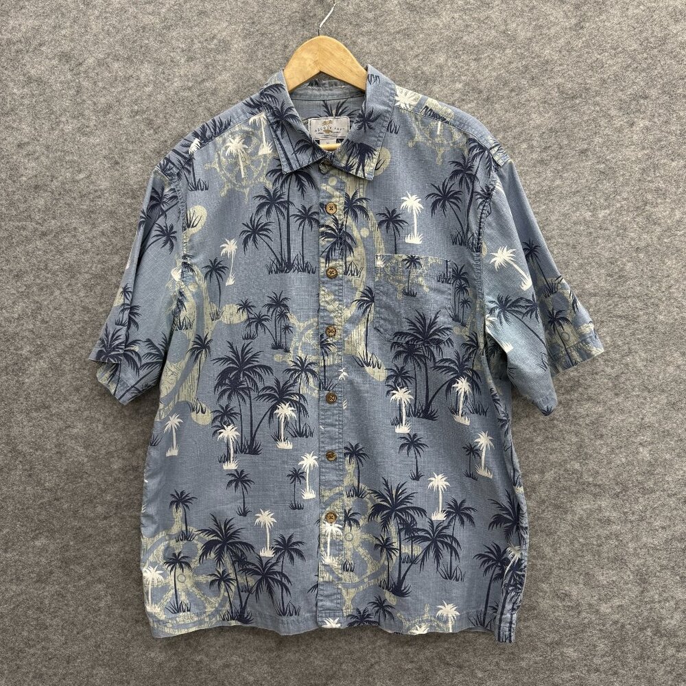 Groovy Bay Hawaiian Shirt Men's XL Short Sleeve, 100% Cotton, Blue Palm Tree